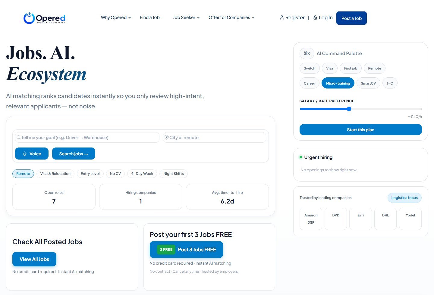 Opered homepage with AI job search and employer hiring tools